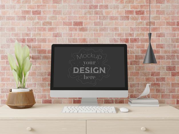 Computer On Table In Work Space Mockup Psd