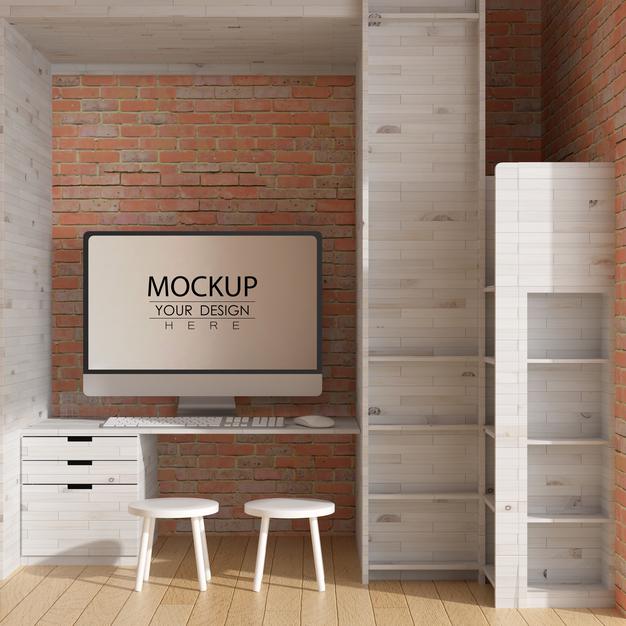 Computer On Table In Work Space Psd Mockup Psd