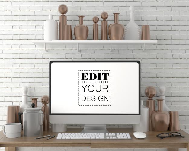 Computer On Table In Work Space Psd Mockup Psd