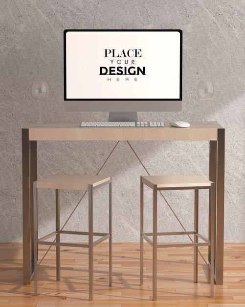 Computer On Table In Work Space Psd Mockup Psd