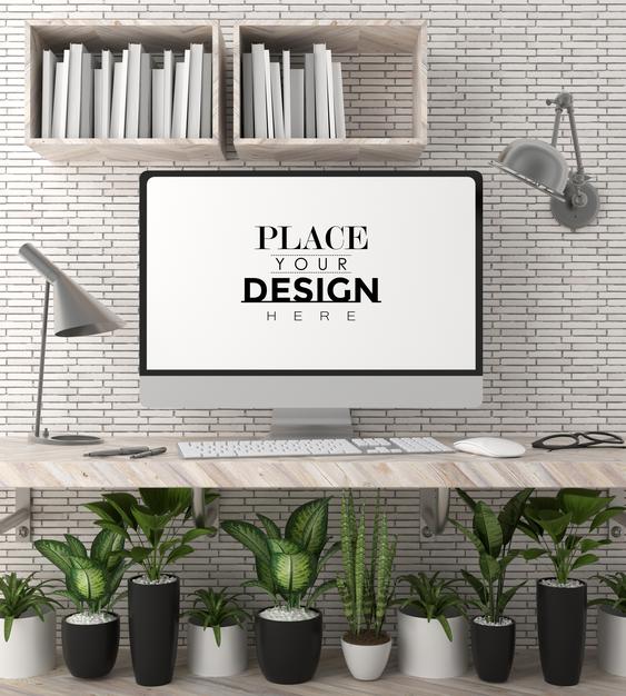 Computer On Table In Work Space Psd Mockup Psd