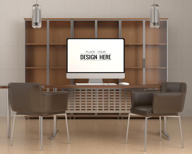 Computer On Table In Work Space Psd Mockup Psd