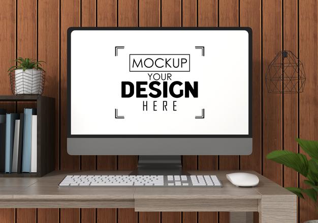 Computer On Table In Work Space Psd Mockup Psd