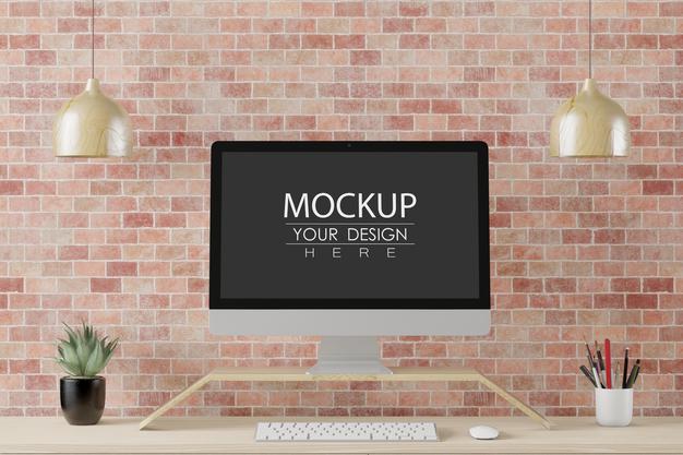 Computer On Table In Work Space Psd Mockup Psd