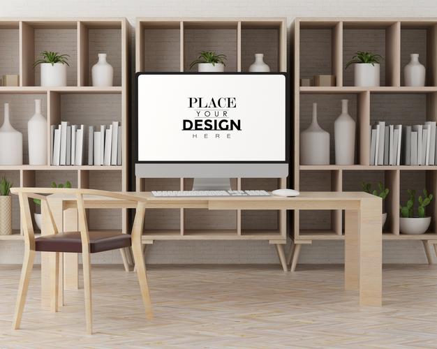 Computer On Table In Work Space Psd Mockup Psd
