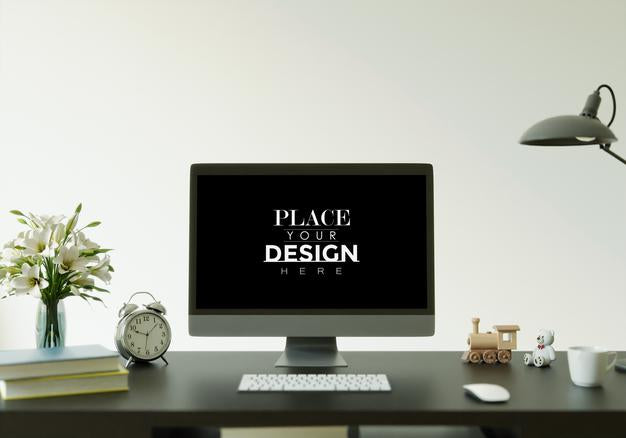 Computer On Table In Workspace Mockup Psd