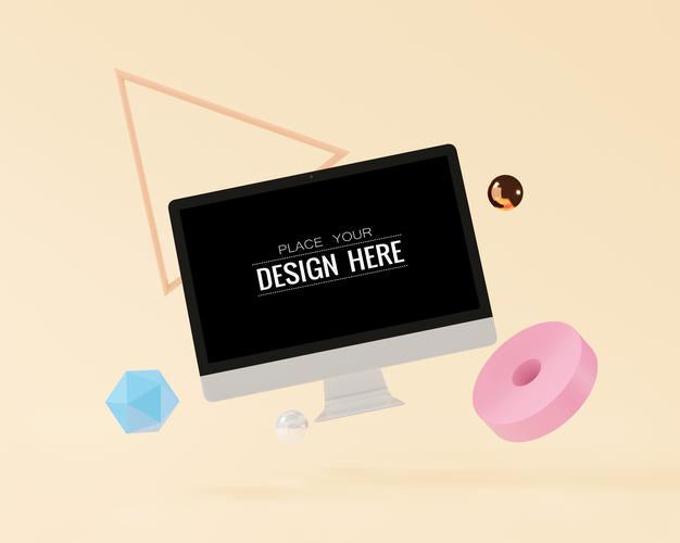 Computer On Table In Workspace Mockup Psd