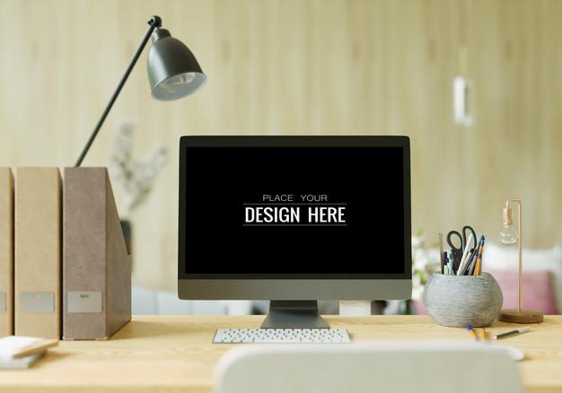 Computer On Table In Workspace Mockup Psd