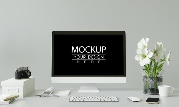 Computer On Table In Workspace Mockup Psd