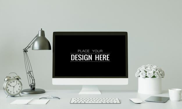 Computer On Table In Workspace Mockup Psd
