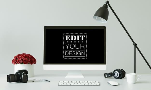 Computer On Table In Workspace Mockup Psd