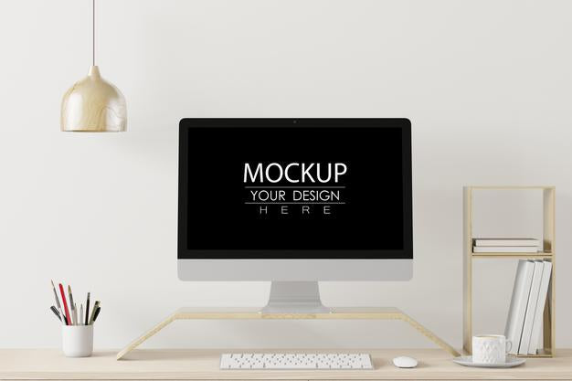 Computer On Table In Workspace Mockup Psd