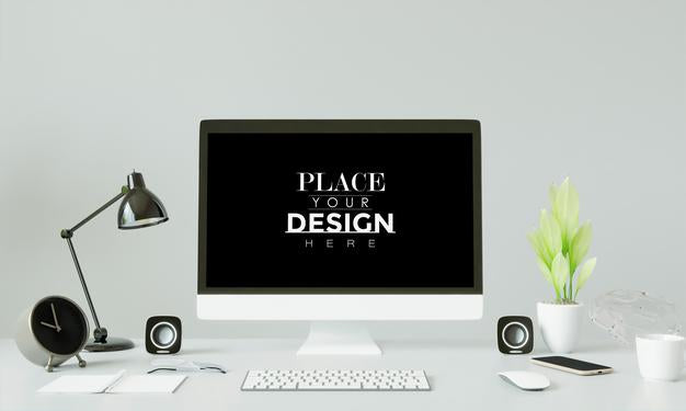 Computer On Table In Workspace Mockup Psd