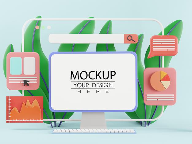 Computer On Table In Workspace Mockup Psd