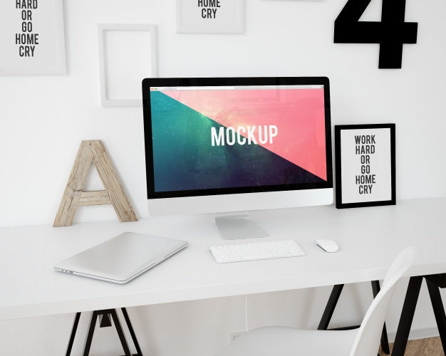 Computer On White Desktop Mock Up Psd