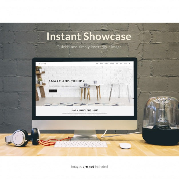 Computer On Wooden Table And Brick Wall Mock Up Psd