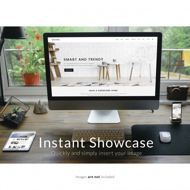 Computer On Wooden Table And Plants Mock Up Psd