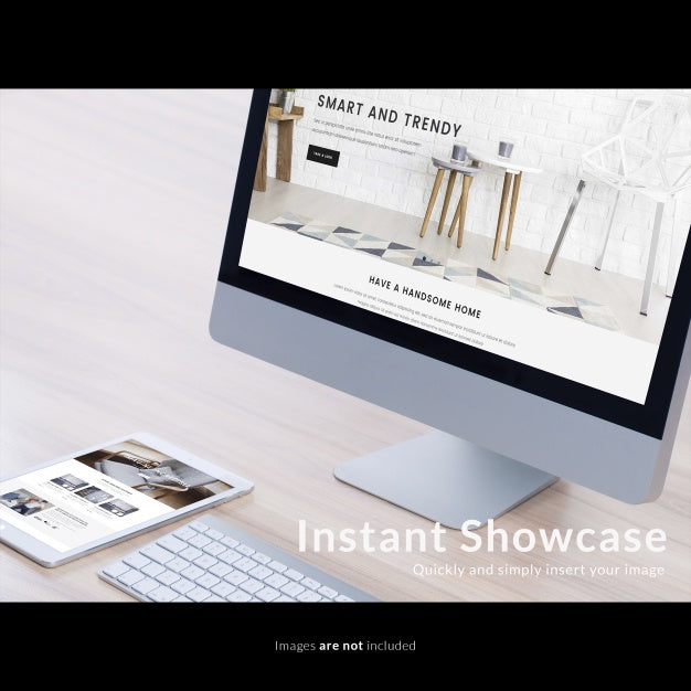 Computer On Wooden Table Mock Up Psd