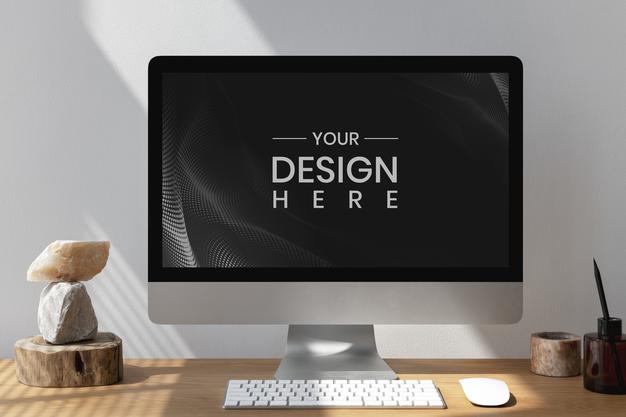 Computer Screen Mockup With Minimalist Decoration Psd