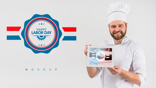 Cook Holding Tablet Mockup For Labor Day Psd