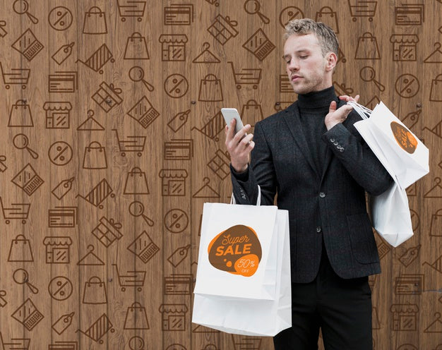 Copy-Space Man From Shopping Checking Phone Psd