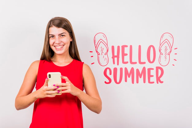 Copyspace Mockup For Summer With Joyful Woman Psd