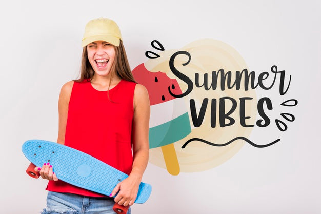 Copyspace Mockup For Summer With Joyful Woman Psd