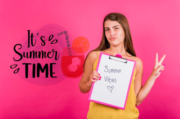 Copyspace Mockup For Summer With Joyful Woman Psd