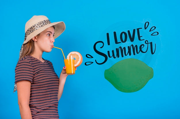 Copyspace Mockup For Summer With Joyful Woman Psd