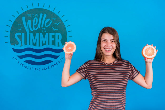 Copyspace Mockup For Summer With Joyful Woman Psd