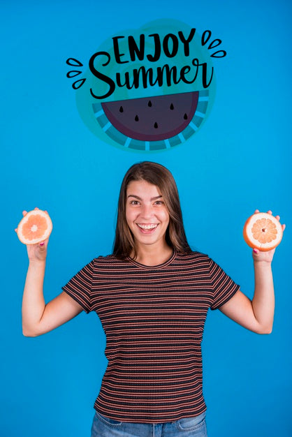 Copyspace Mockup For Summer With Joyful Woman Psd