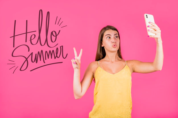 Copyspace Mockup For Summer With Joyful Woman Psd