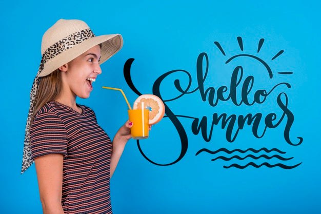 Copyspace Mockup For Summer With Joyful Woman Psd