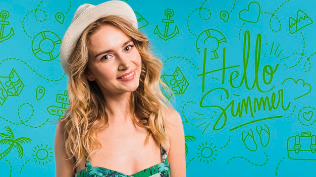 Copyspace Mockup With Summer Concept Next To Attractive Woman Psd