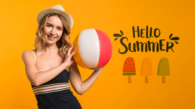 Copyspace Mockup With Summer Concept Next To Attractive Woman Psd