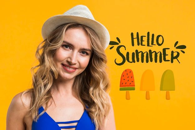 Copyspace Mockup With Summer Concept Next To Attractive Woman Psd