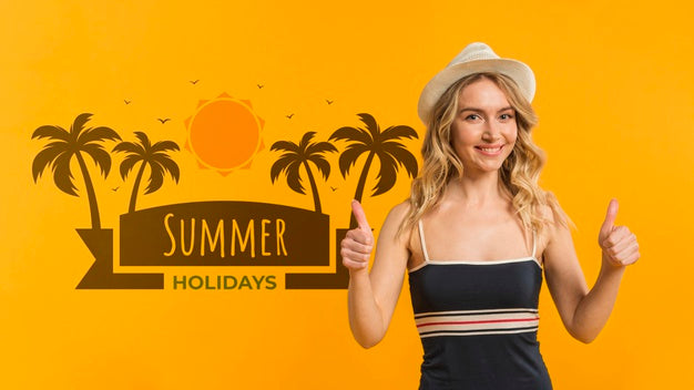 Copyspace Mockup With Summer Concept Next To Attractive Woman Psd