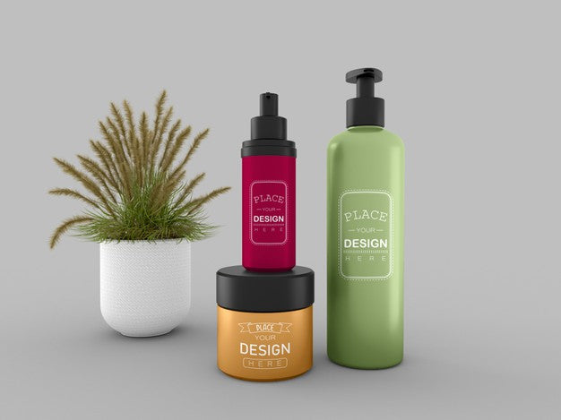 Cosmetic Cream Container And Bottle Mockup For Cream, Lotion, Serum, Skincare Blank Bottle Packaging. Psd