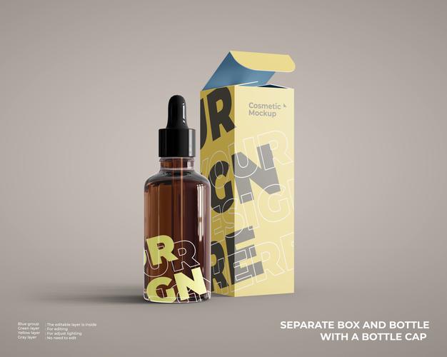 Cosmetic Essential Oil Bottle Mockup With Box Package Psd