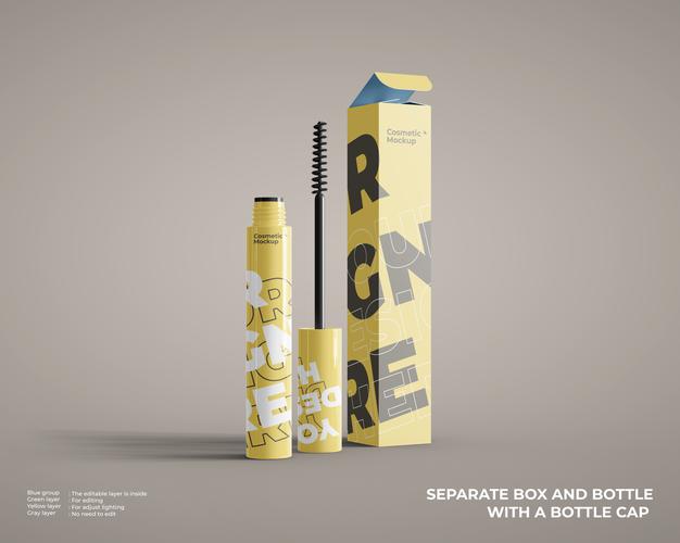 Cosmetic Eyebrow Brush Bottle Mockup With Box Package Psd