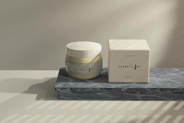 Cosmetic Jar And Box Mockup On Dark Marble Board Psd