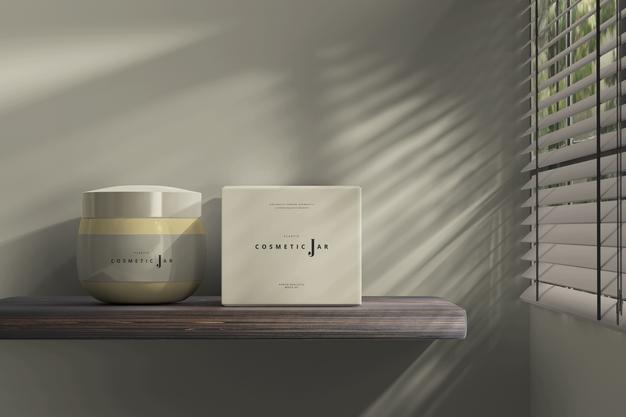Cosmetic Jar And Box Mockup On Shelf Next To Window Psd