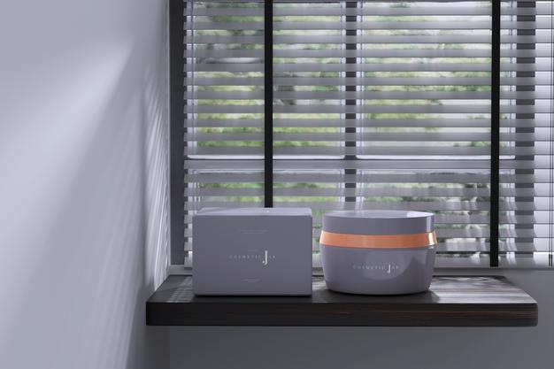 Cosmetic Jar And Box Mockup On The Windowsill Psd