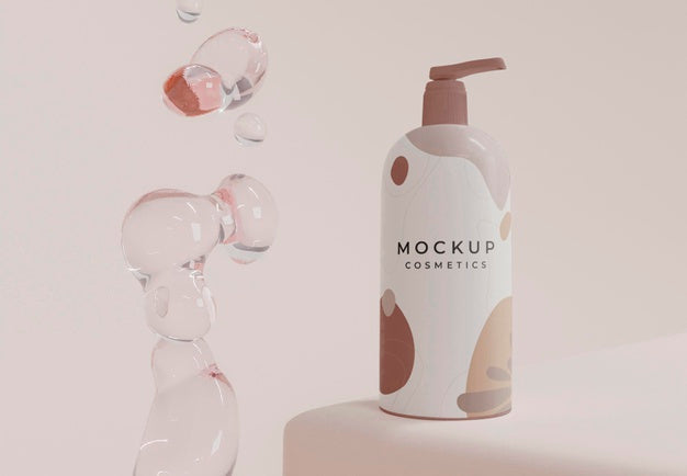 Cosmetic Product Bottle And Bubbles Psd