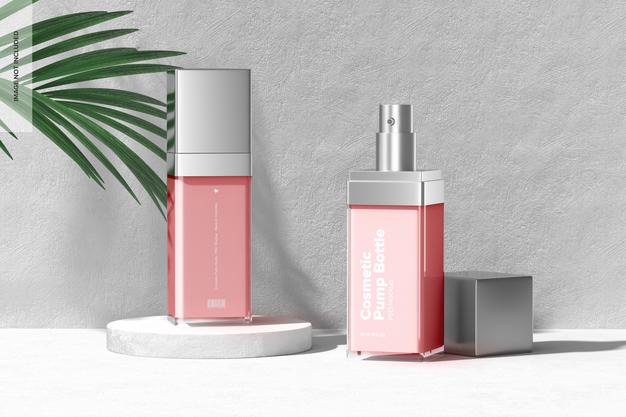 Cosmetic Pump Bottles Mockup, Opened And Closed Psd