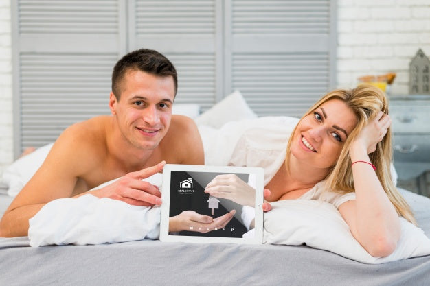 Couple In Bed With Tablet Mockup For Valentine Psd