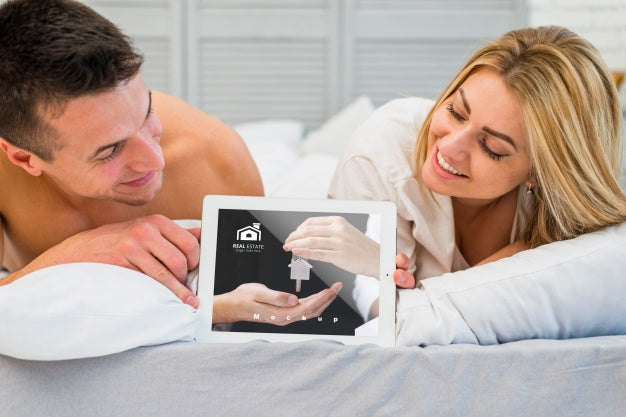 Couple In Bed With Tablet Mockup For Valentine Psd
