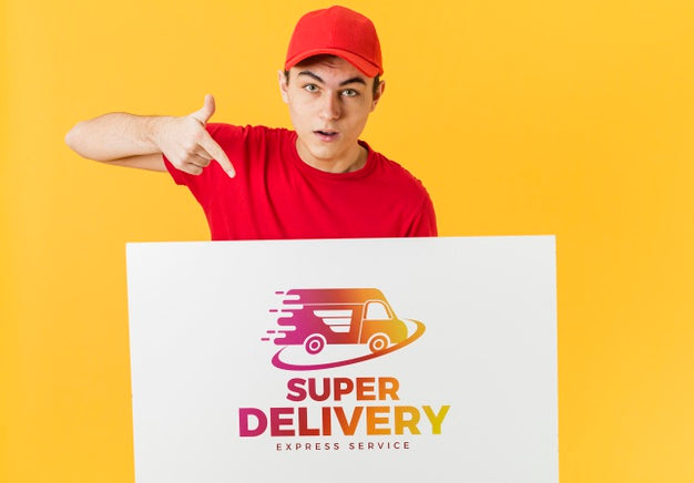 Courier Holding Cardboard Mock-Up Psd