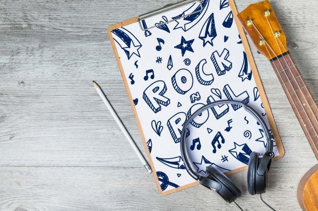 Creative Music Mockup With Guitar And Clipboard Psd