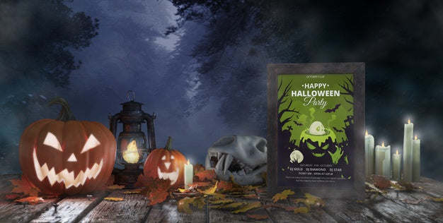 Creepy Halloween Arrangement With Movie Poster And Pumpkins Psd